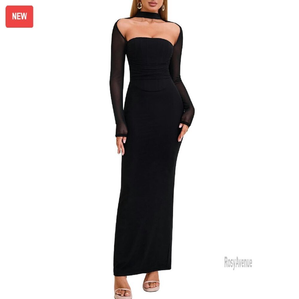 Long Sleeve Halter Maxi Dress Formal Wedding Guest Bodycon
